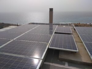 Photovoltaic solar panel roof above counterweights of 9,8 kWatts at Heraklion
