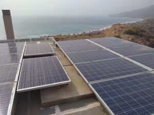 Photovoltaic solar panel roof above counterweights of 9,8 kWatts at Heraklion