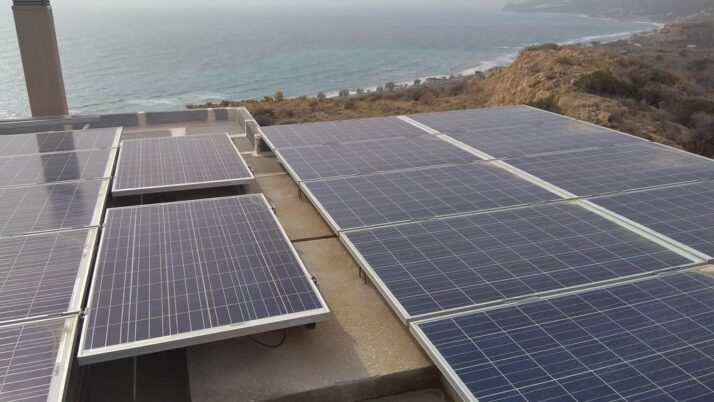 Photovoltaic solar panel roof above counterweights of 9.8 kWatts at Heraklion